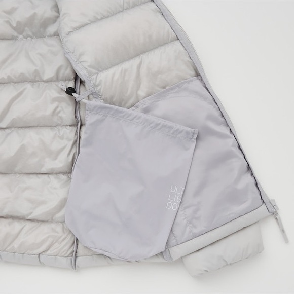 Ultra Light Down Seamless Parka Jacket Light Gray Silver Hooded Zipped Pockets S - Picture 16 of 16